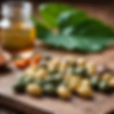 Herbal supplement capsules on a wooden surface