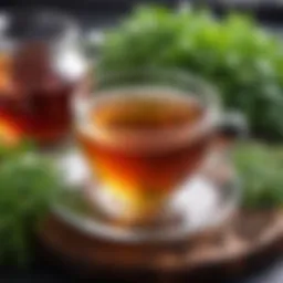 A serene cup of herbal tea surrounded by fresh herbs