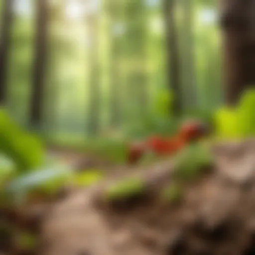 Ant hurrying home through a vibrant forest