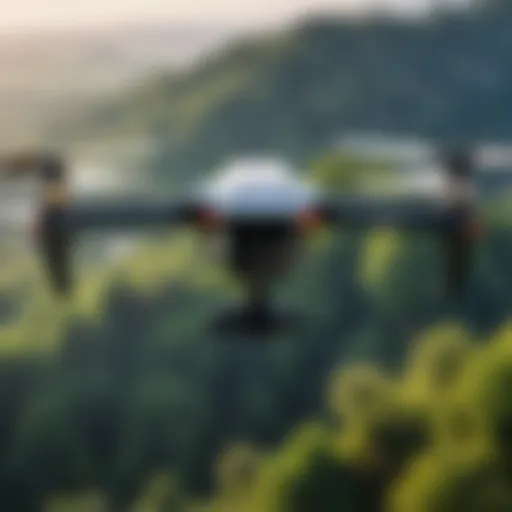 Aerial view of a drone equipped with a camera in flight