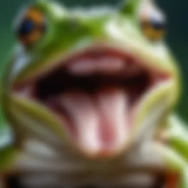 A close-up of a frog's mouth showing its sticky tongue