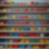 A collection of colorful children's toys displayed neatly on a shelf