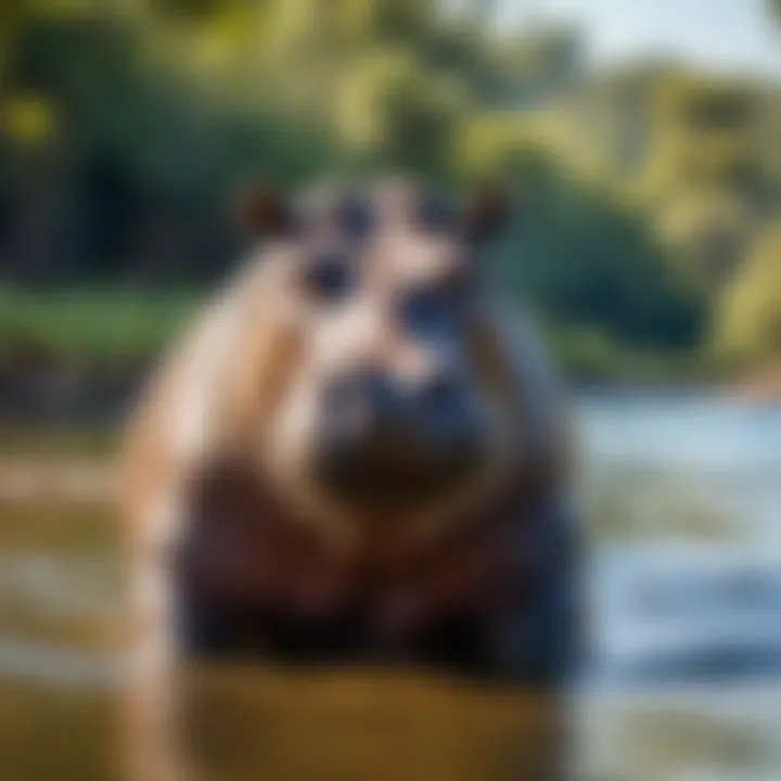 A serene hippopotamus lounging in a tranquil river setting