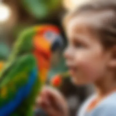 A colorful parrot engaging with a child