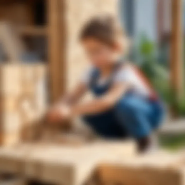 A child engaged in constructing a block house