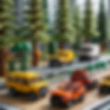 Detailed view of Lego structures with trees and vehicles