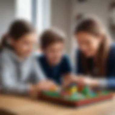 Children and adults collaborating on a Lego project