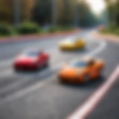 Close-up of toy cars racing on a well-constructed track