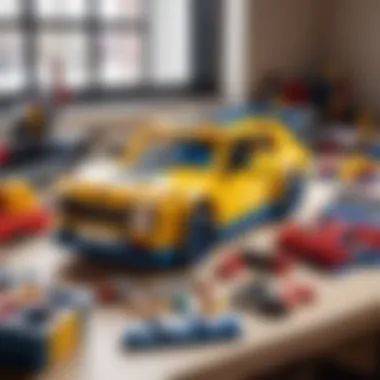 A workspace with tools and materials for building a LEGO car