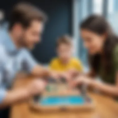 Parents reviewing features of a busy board before purchasing