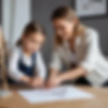 A child happily drawing a crane with guidance from an adult