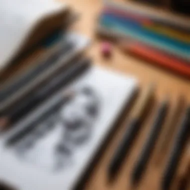 Essential Drawing Tools An open sketchbook with various drawing tools arranged artistically.