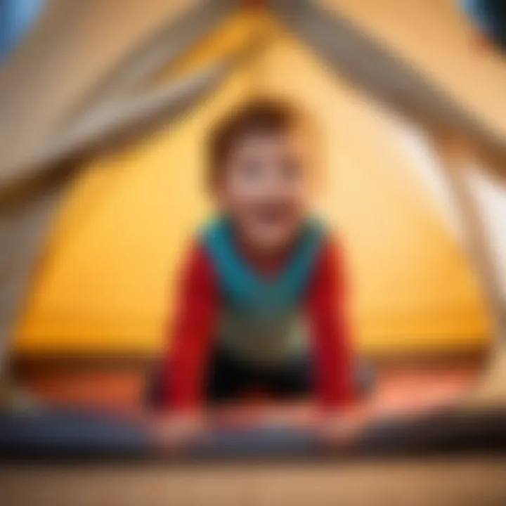 A child playing inside a folded tent, illustrating the joy of playtime