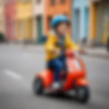Child enjoying a ride on a three-wheeled scooter Child riding a three-wheeled scooter safely