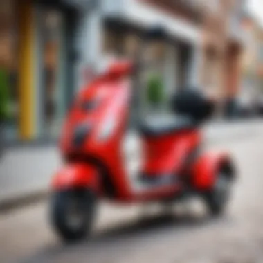 Three-wheeled scooter fully extended for use Three-wheeled scooter in an open position
