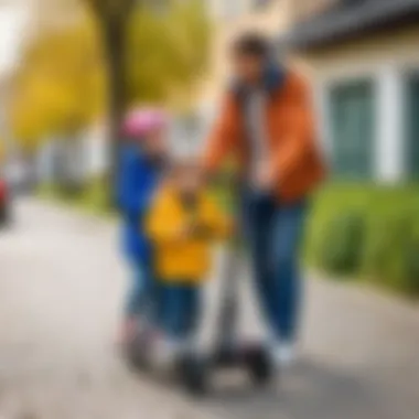 Parent helping a child with their scooter Parent assisting a child with the scooter