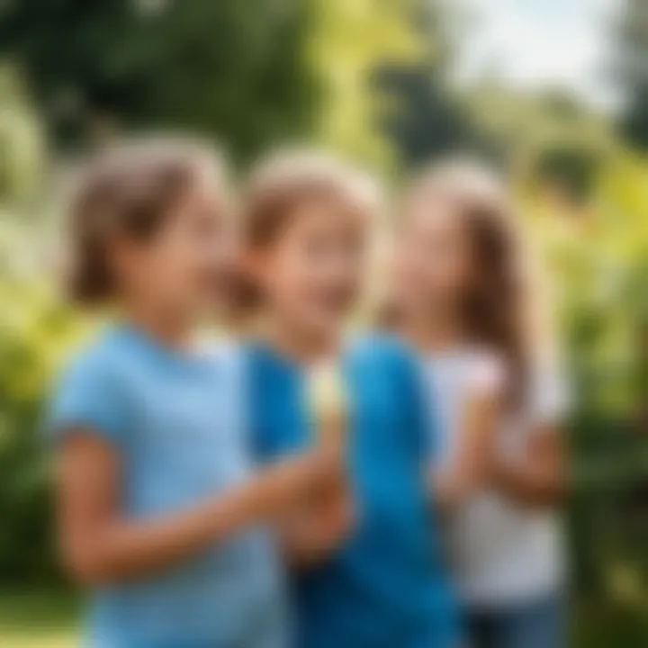 Children enjoying ice cream together in a sunny garden