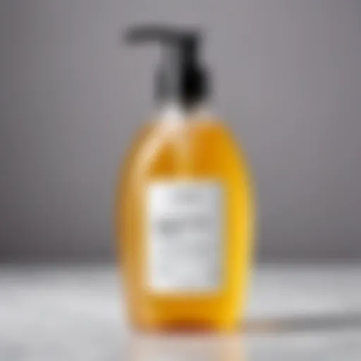 Close-up of Synergetic liquid soap bottle with clear label