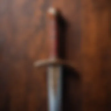 A beautifully painted wooden sword displayed against a textured background.