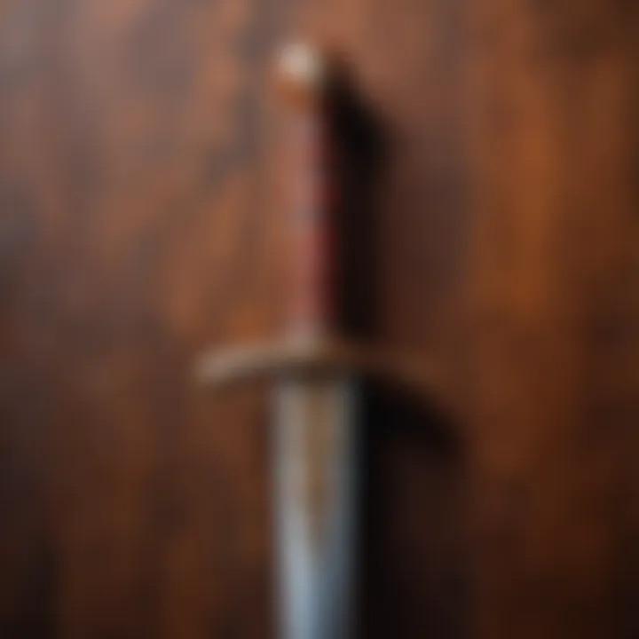 A beautifully painted wooden sword displayed against a textured background.