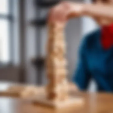 Jenga tower meticulously balanced with precision blocks