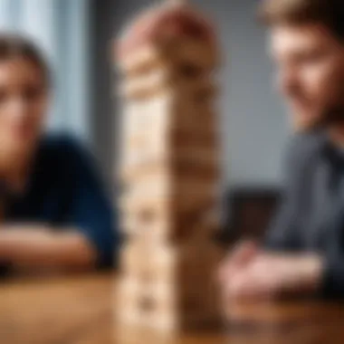 Players engaged in a tense Jenga game moment