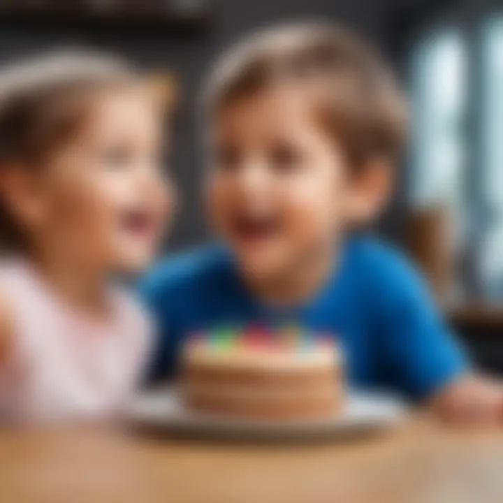 Children delighting in a slice of multi-layered cake.