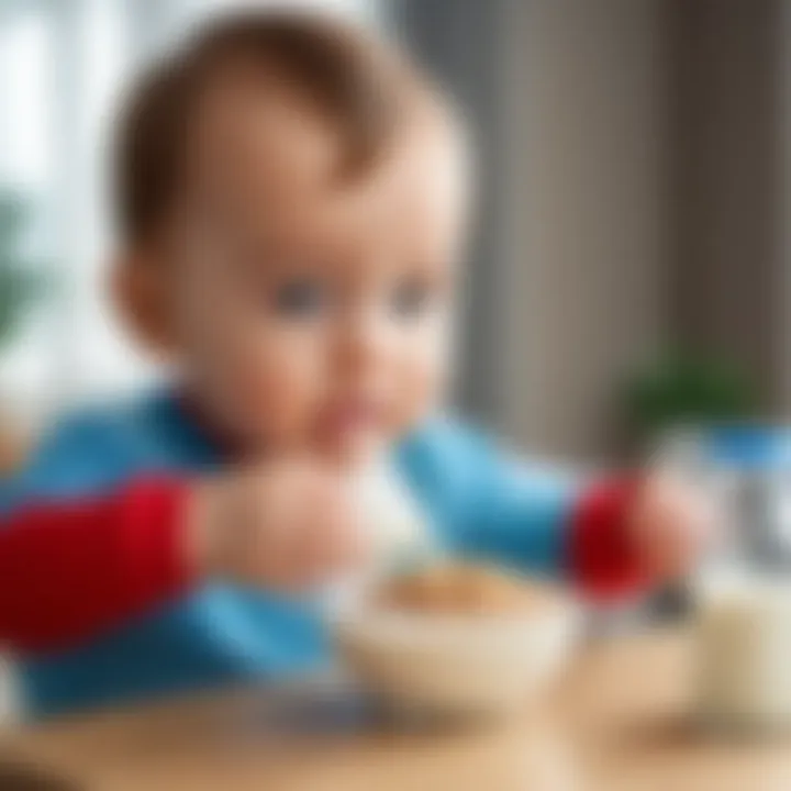 Parent feeding infant with a bottle of cereal