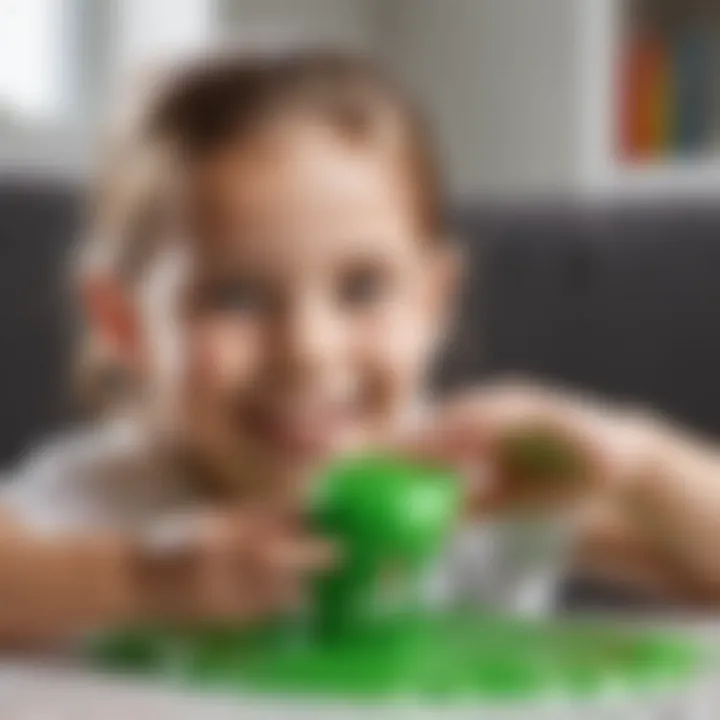 Child gently touching slime with a smile