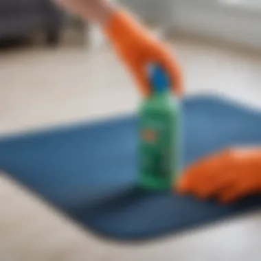 Demonstrating cleaning solution application on a play mat Applying cleaning solution to a play mat