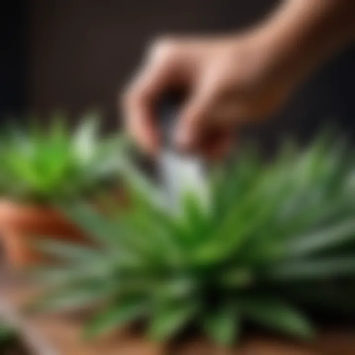 Aloe vera leaves being trimmed with precision.