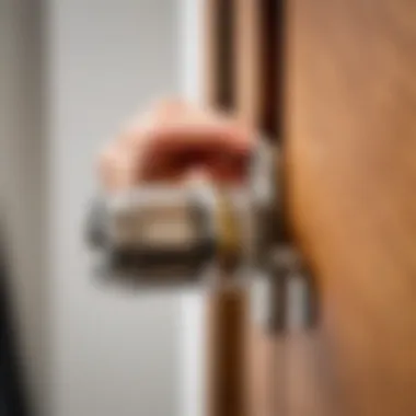 A close-up of a furniture lock being removed carefully