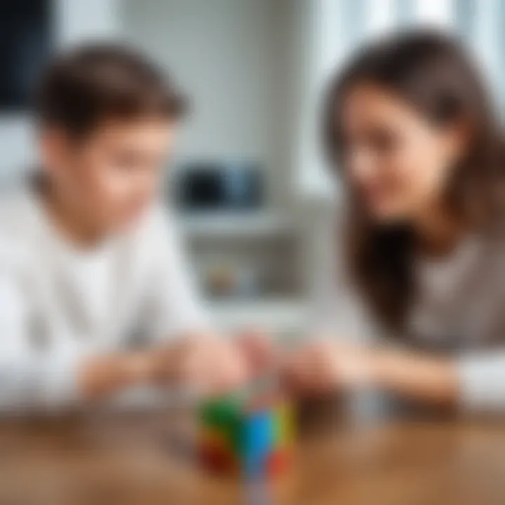 Parent explaining Rubik's Cube strategies to child