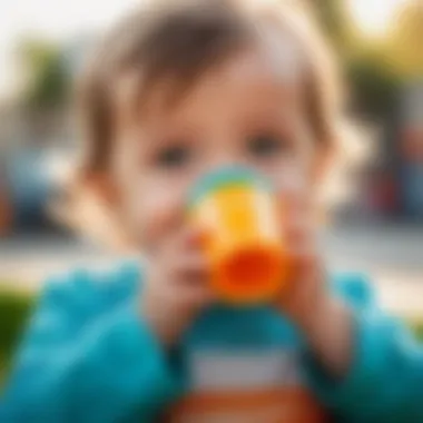 A toddler happily drinking from a colorful cup