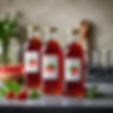 Rosehip syrup bottles on a kitchen counter