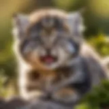 A playful manul kitten exploring its environment