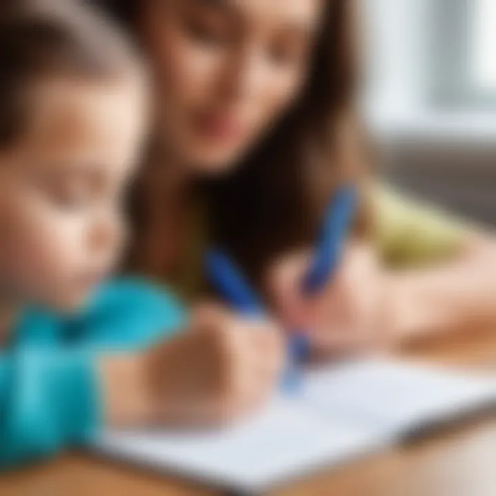 Parent assisting child with writing using correction pen