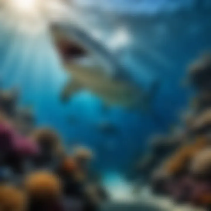 An underwater scene showcasing the largest shark interacting with its ocean environment.