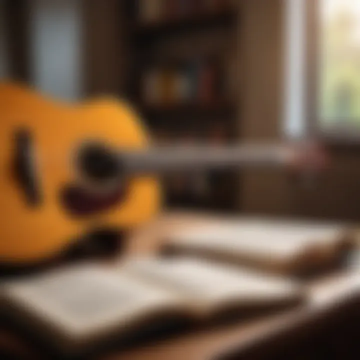 A person practicing guitar with a book beside