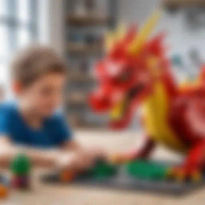 Children engaged in building a Lego dragon together