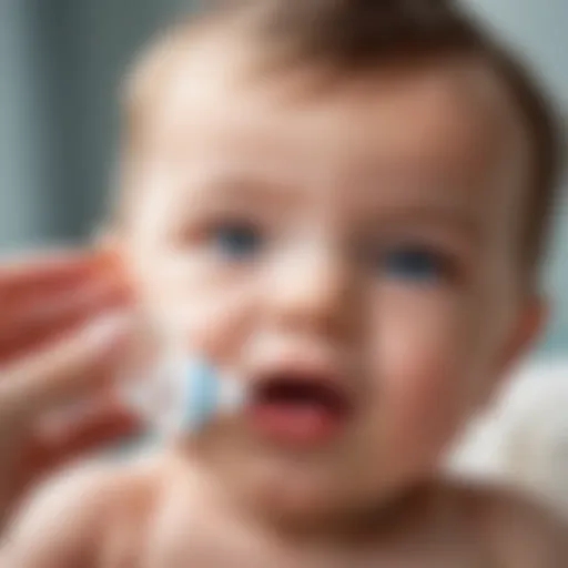 A close-up of a baby receiving a probiotic supplement.