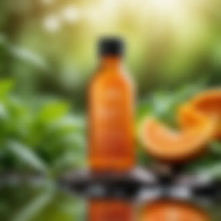 A bottle of liquid vitamin A surrounded by natural elements