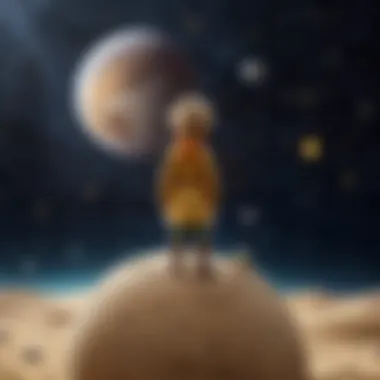 A whimsical illustration of the Little Prince standing on his tiny planet, gazing at the stars.