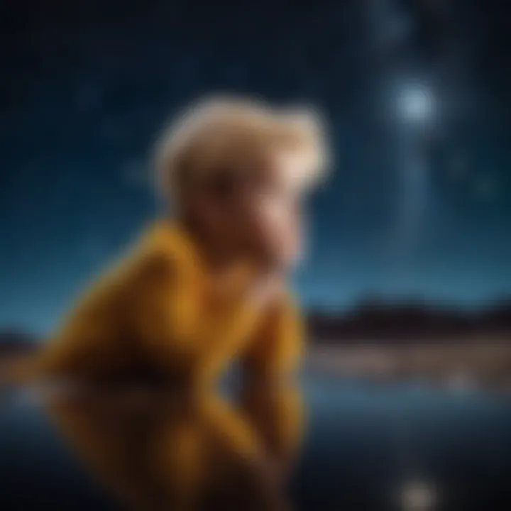 A thoughtful scene of the Little Prince reflecting under a starlit sky.