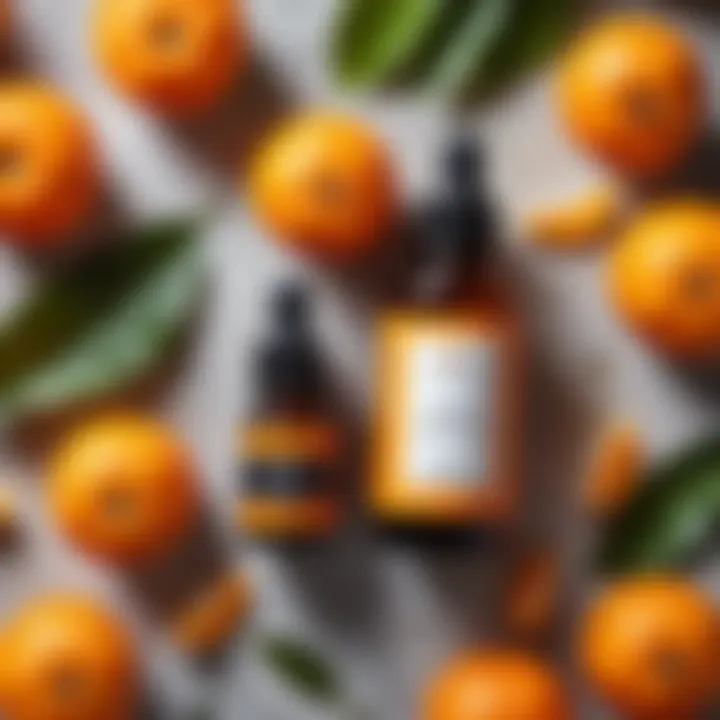 A bottle of mandarin oil surrounded by fresh mandarins