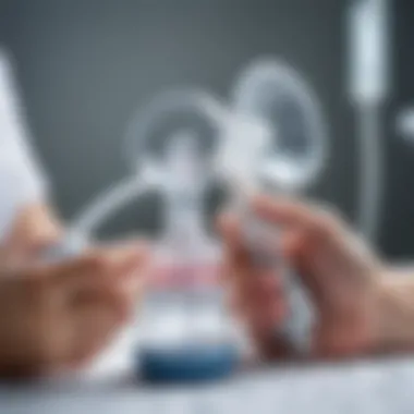 Close-up of a manual breast pump being used with care