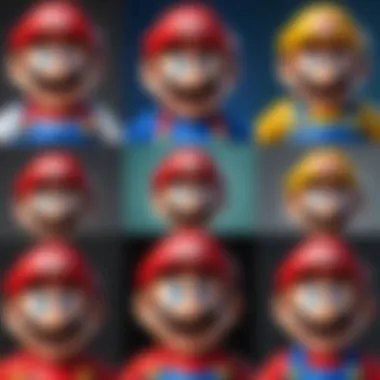 Artwork showcasing Mario in various game styles