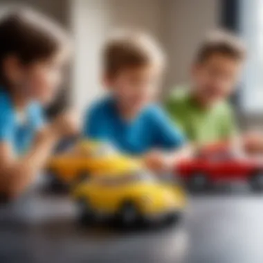 Parents guiding children in a creative car-themed activity