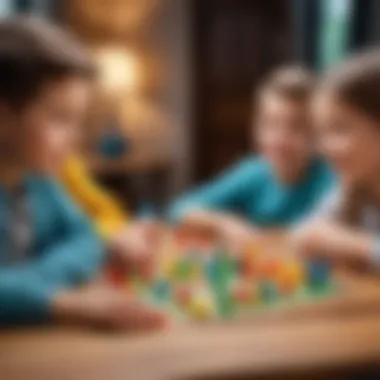 Children enjoying a game of MemeClub at a table filled with colorful game pieces.