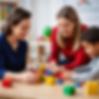 Educators facilitating play with developmental toys